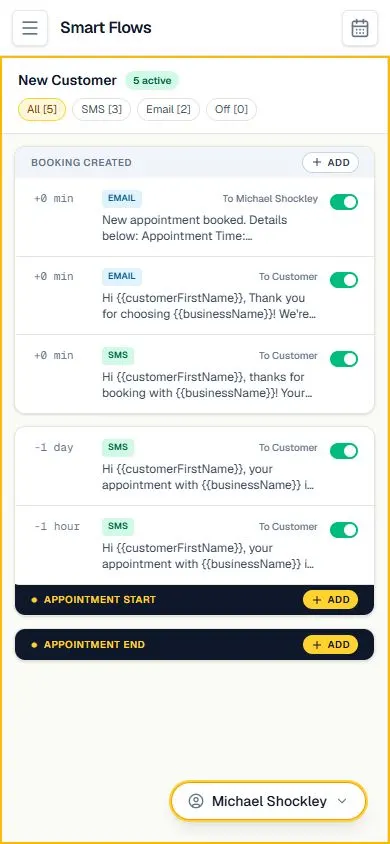 Chairside Smart Flows on mobile, with booking confirmations and timed reminders
