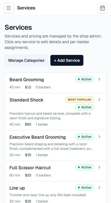 Chairside services on mobile, showing duration, price and barber assignments